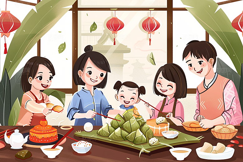端午包粽子小吃高清插画
