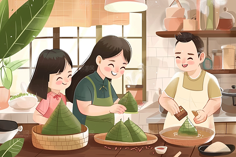 端午包粽子小吃习俗插画
