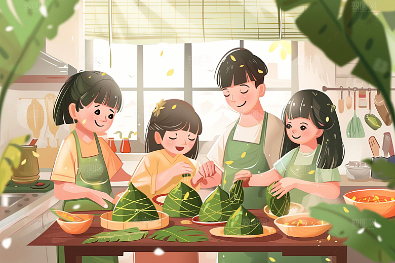端午包粽子糯米幸福插画