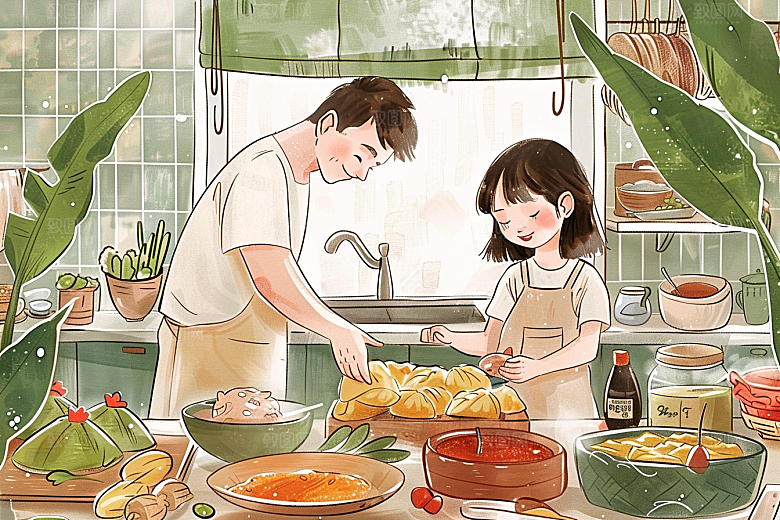 端午包粽子节日氛围温馨插画
