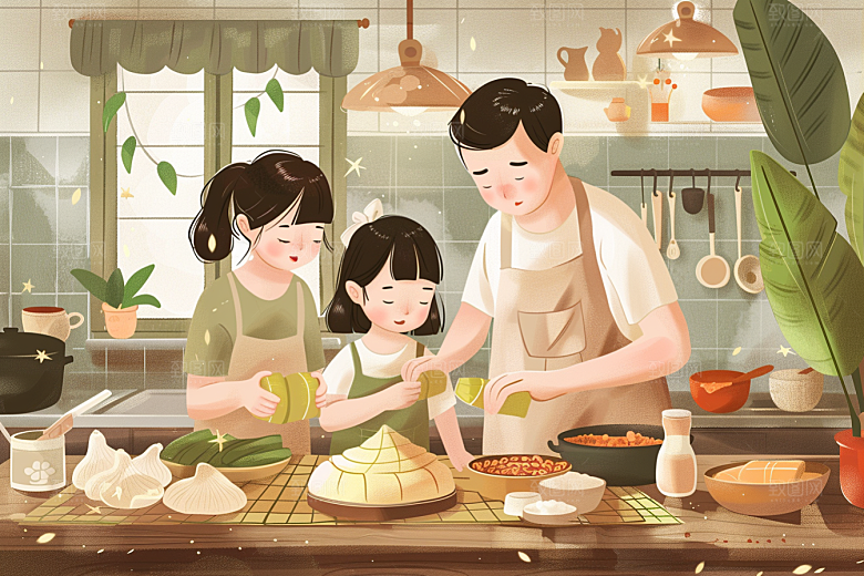 端午包粽子节日美食插画