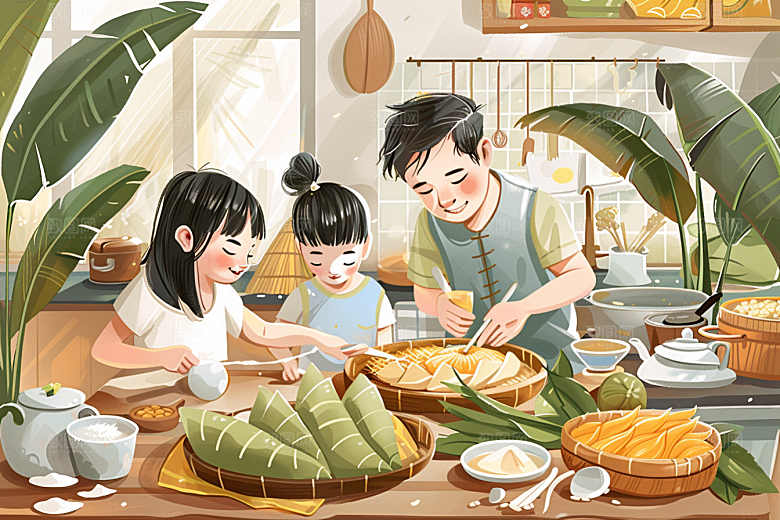端午包粽子粽叶阖家团聚插画