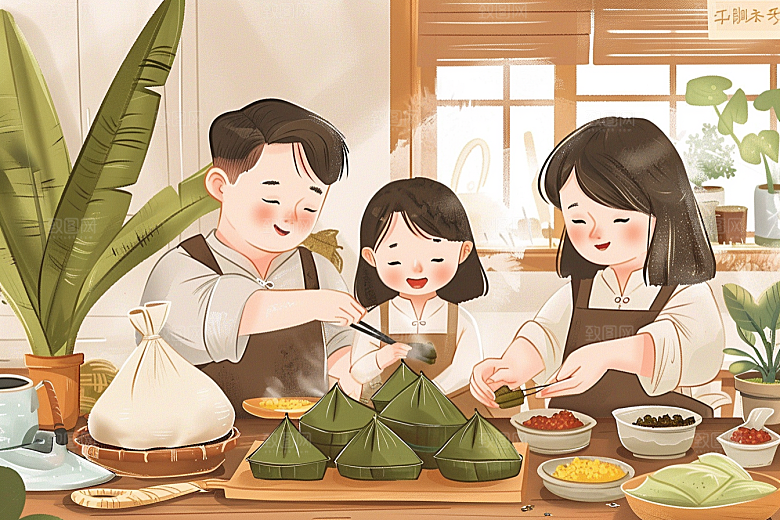 端午包粽子手绘幸福插画