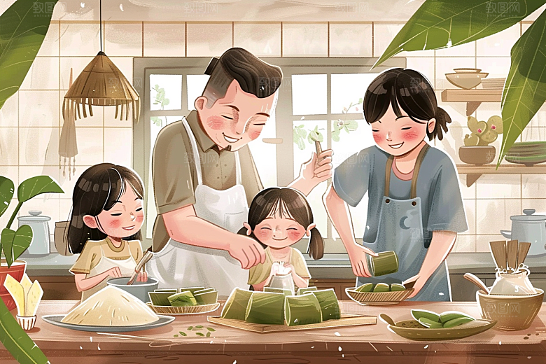 端午包粽子高清温馨插画