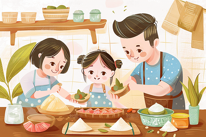 端午包粽子节日温馨插画