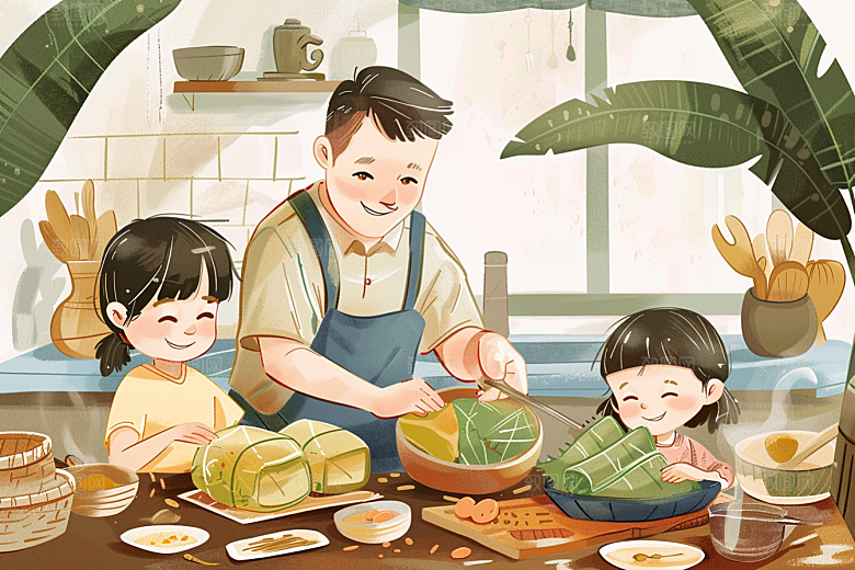 端午包粽子幸福小吃插画