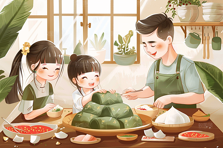 端午包粽子小吃美味插画