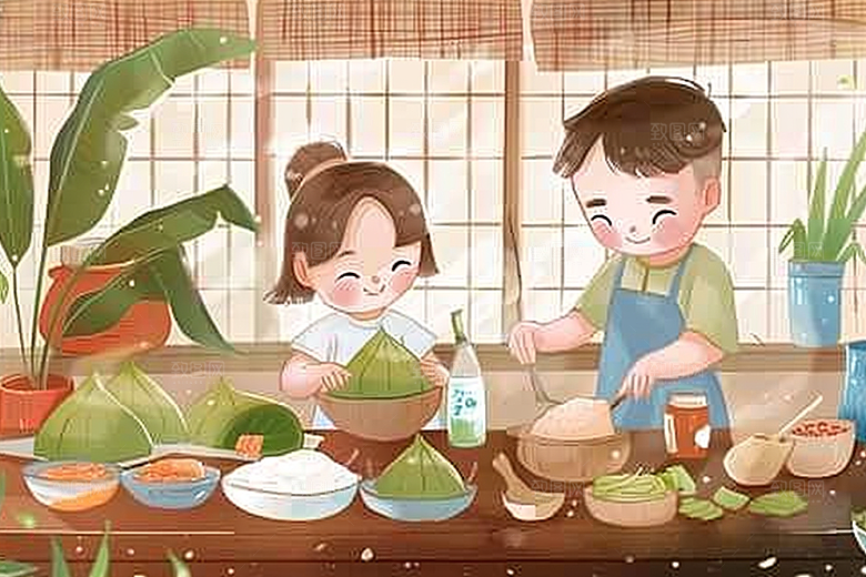 端午包粽子习俗温馨插画