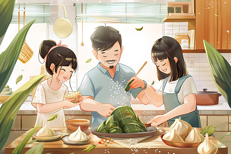 端午包粽子手绘小吃插画