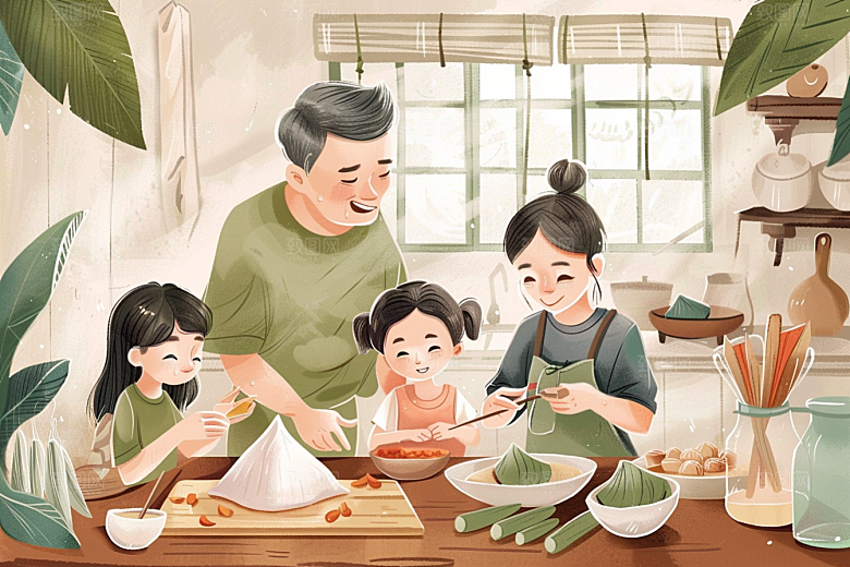 端午包粽子阖家团聚温馨插画