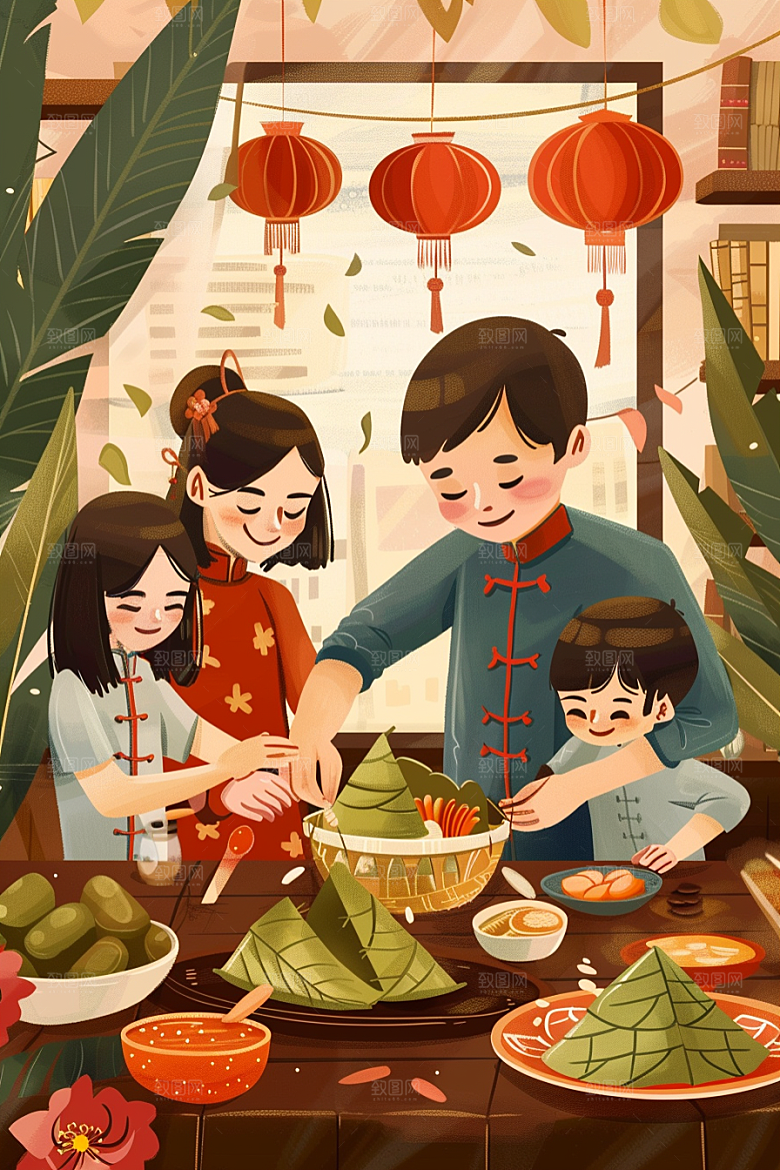 端午包粽子美食节日氛围插画