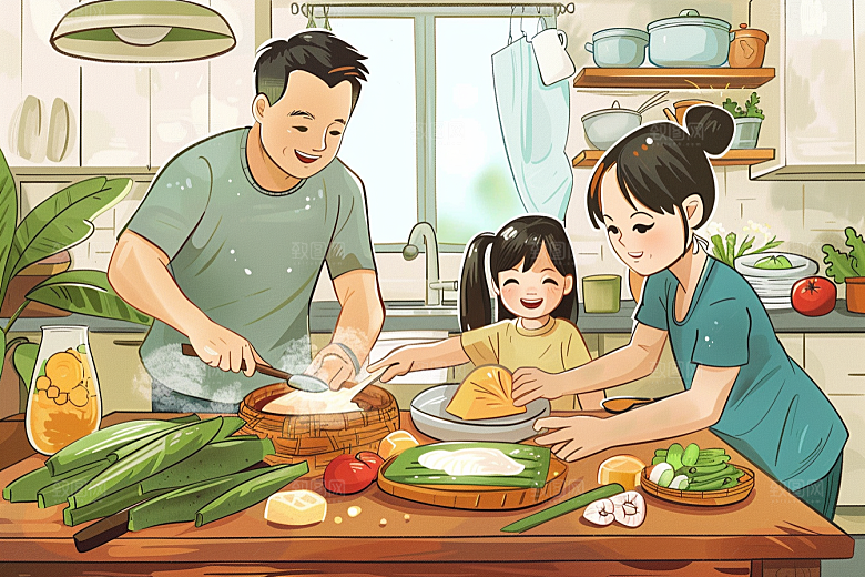 端午包粽子温馨粽叶插画