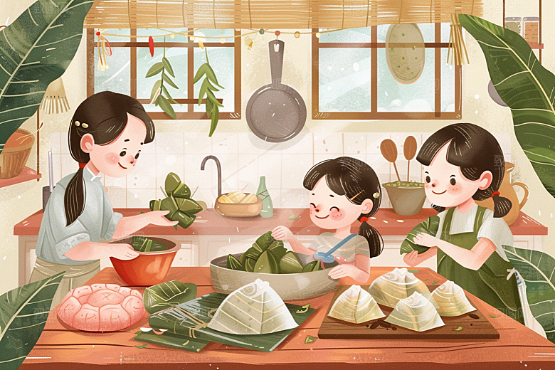端午包粽子小吃节日插画