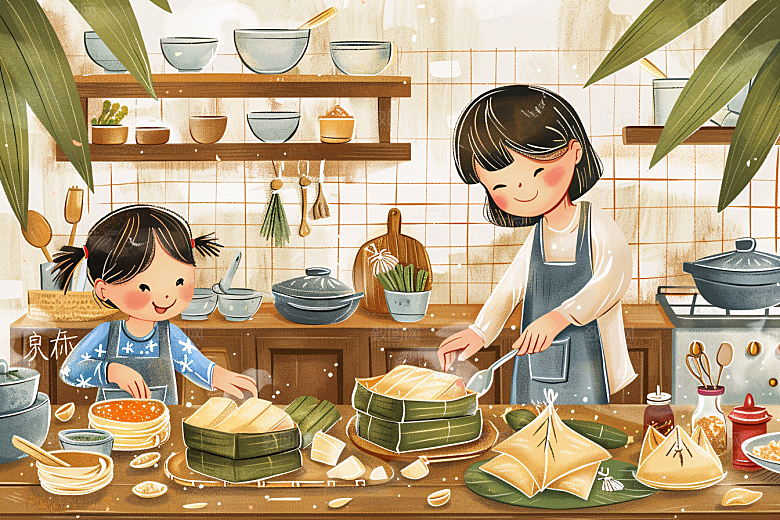 端午包粽子高清习俗插画