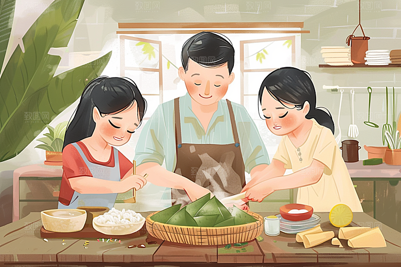 端午包粽子糯米传统文化插画