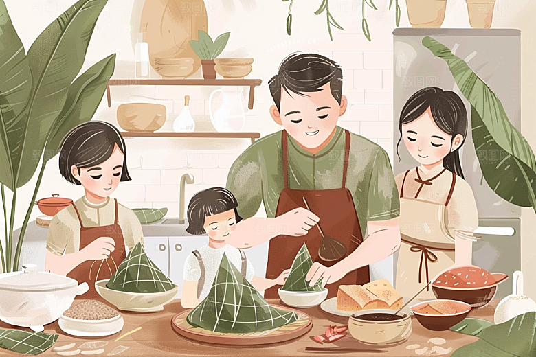 端午包粽子高清节日氛围插画