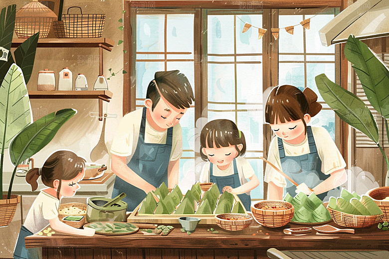 端午包粽子温馨端午节插画