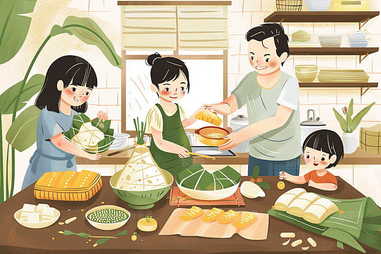 端午包粽子节日温馨插画