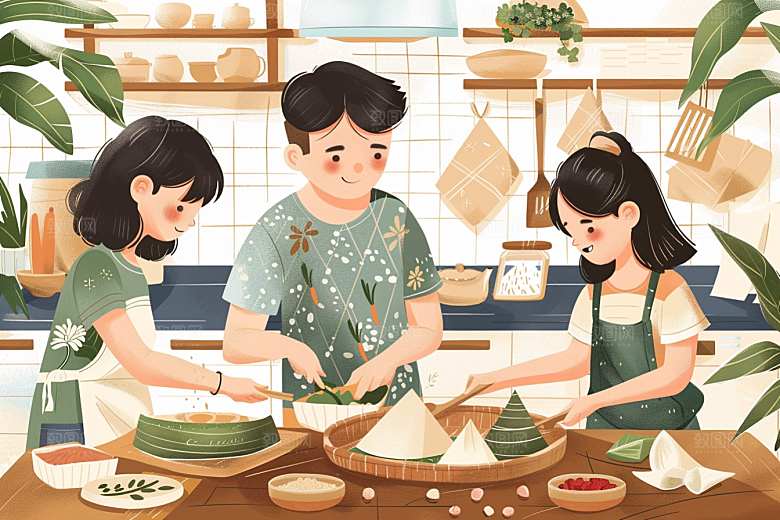 端午包粽子高清传统文化插画
