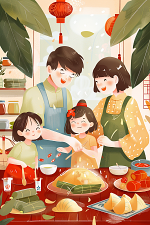端午包粽子习俗阖家团聚插画
