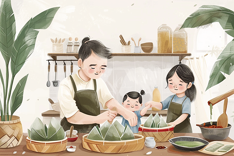 端午包粽子幸福手绘插画