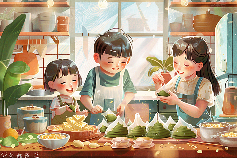 端午包粽子美味端午节插画