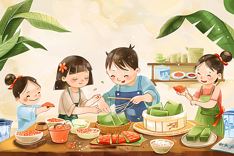 端午包粽子节日氛围温馨插画