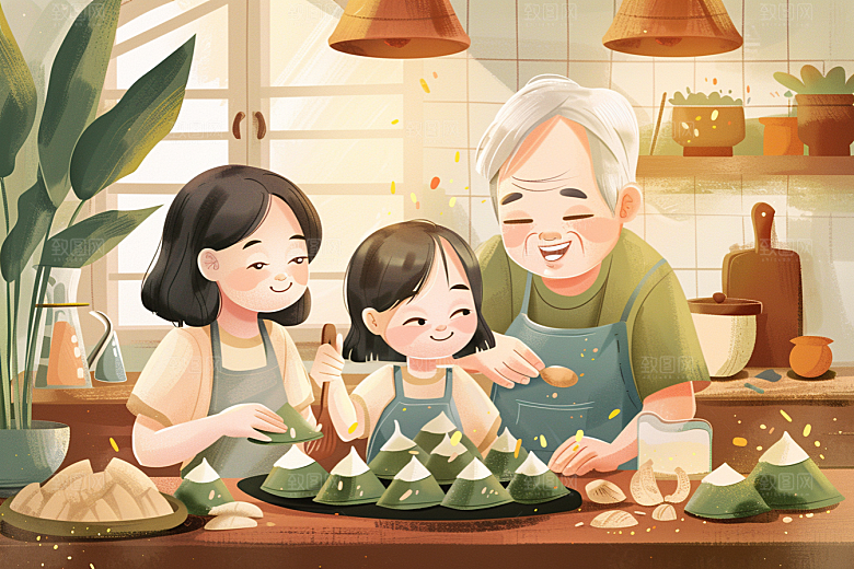 端午包粽子小吃阖家团聚插画