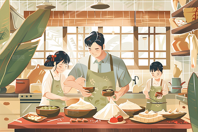 端午包粽子手绘节日插画