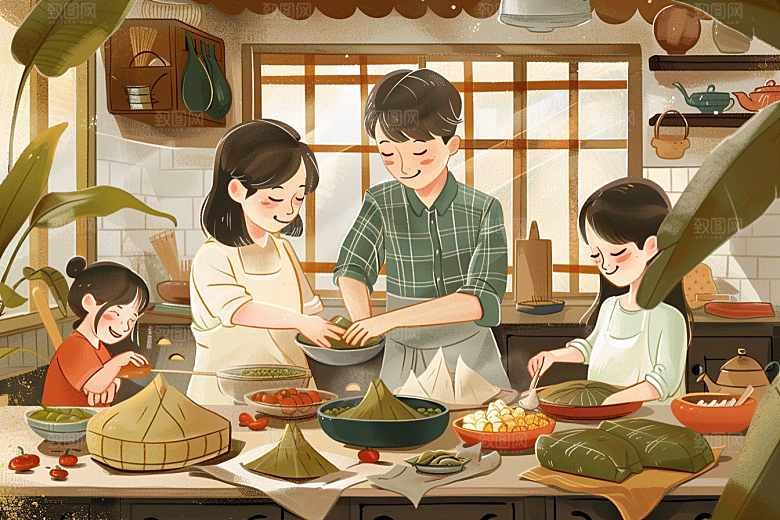 端午包粽子美食小吃插画