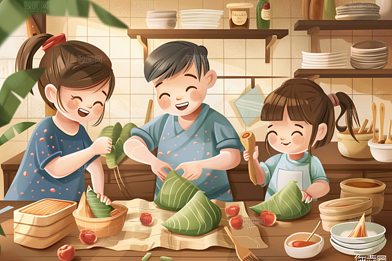 端午包粽子美食温馨插画