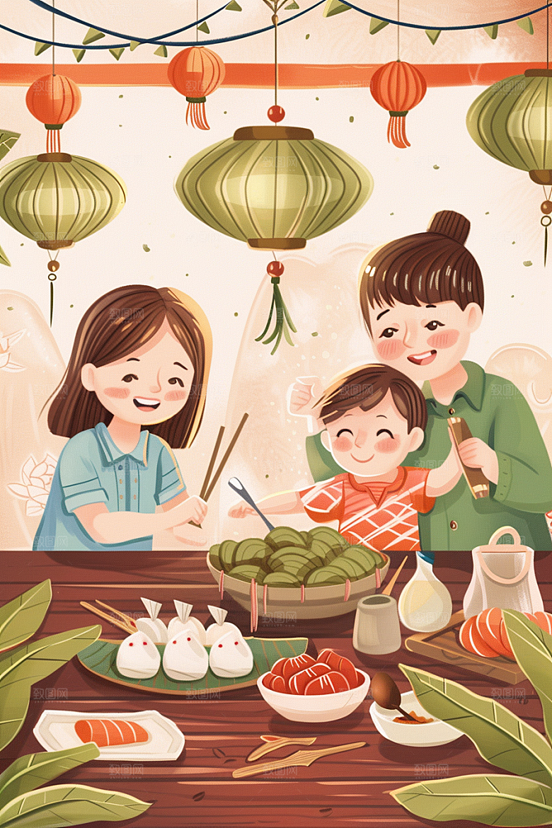 端午包粽子高清阖家团聚插画