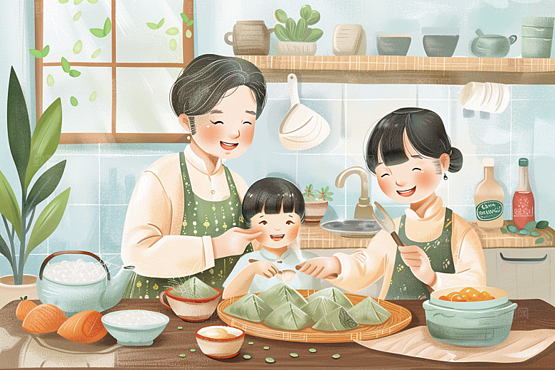 端午包粽子糯米阖家团聚插画