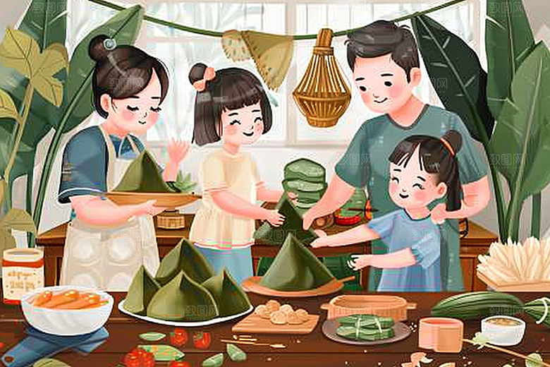 端午包粽子阖家团聚美食插画