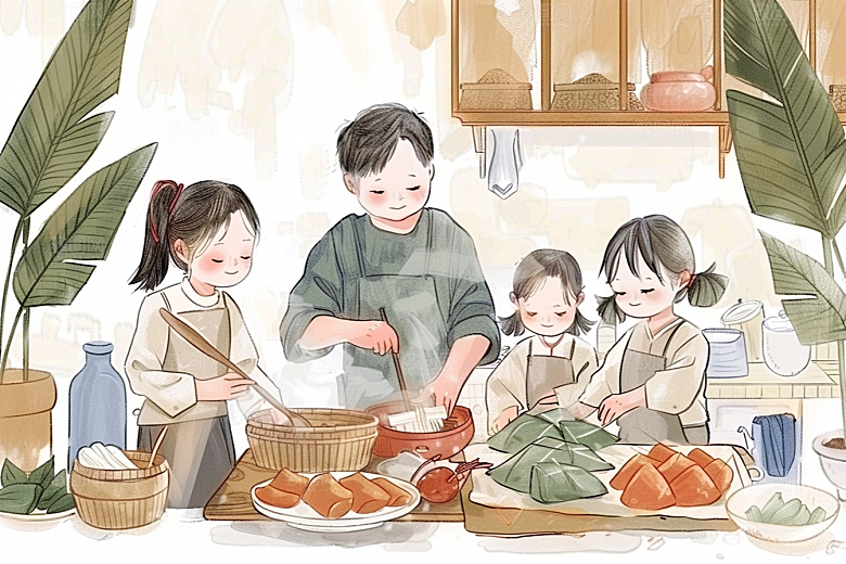 端午包粽子幸福节日插画