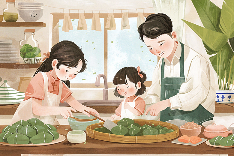 端午包粽子粽叶阖家团聚插画