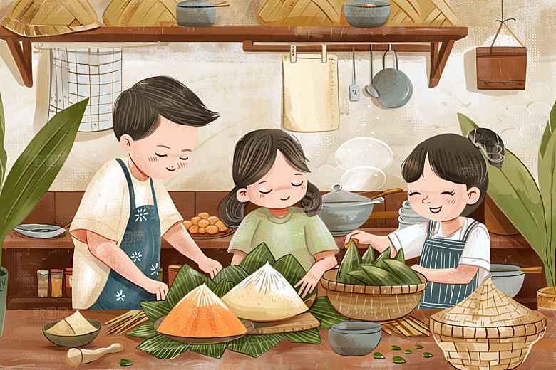 端午包粽子阖家团聚高清插画