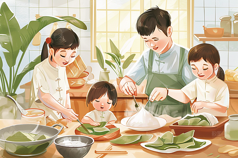 端午包粽子阖家团聚端午节插画