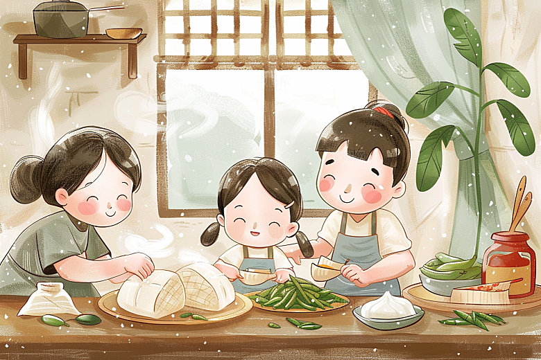 端午包粽子温馨小吃插画