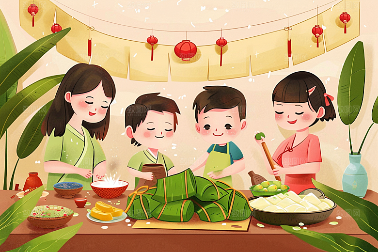 端午包粽子糯米小吃插画