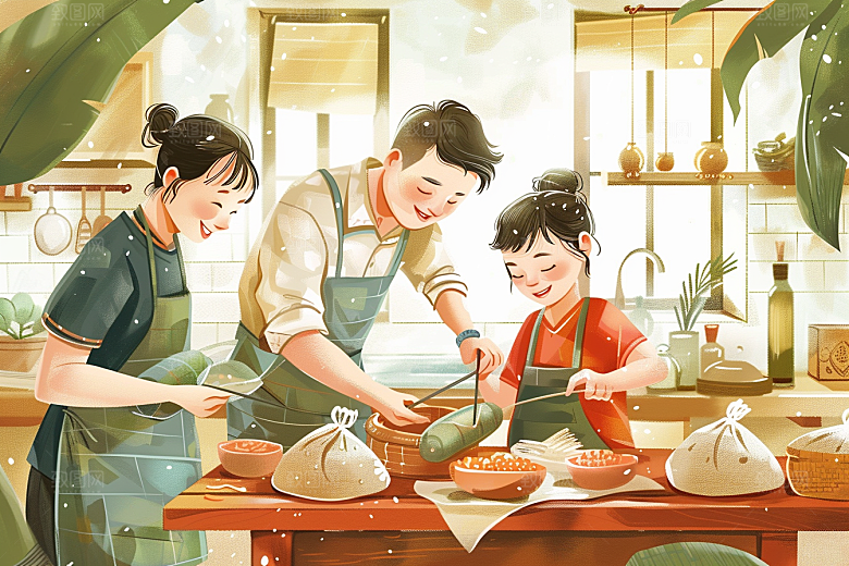 端午包粽子端午节手绘插画