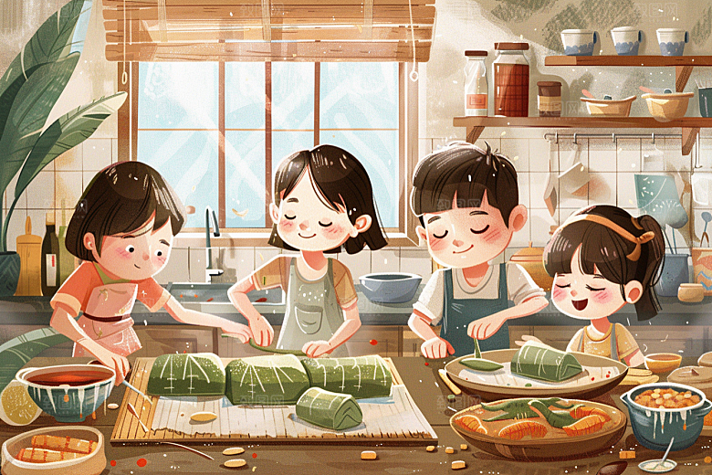 端午包粽子传统文化习俗插画