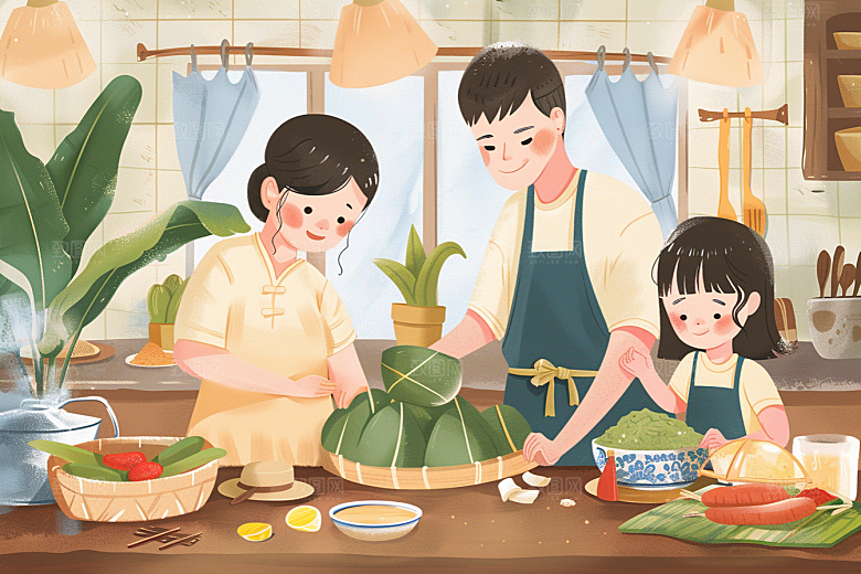 端午包粽子小吃美食插画