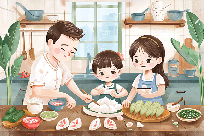 端午包粽子幸福温馨插画