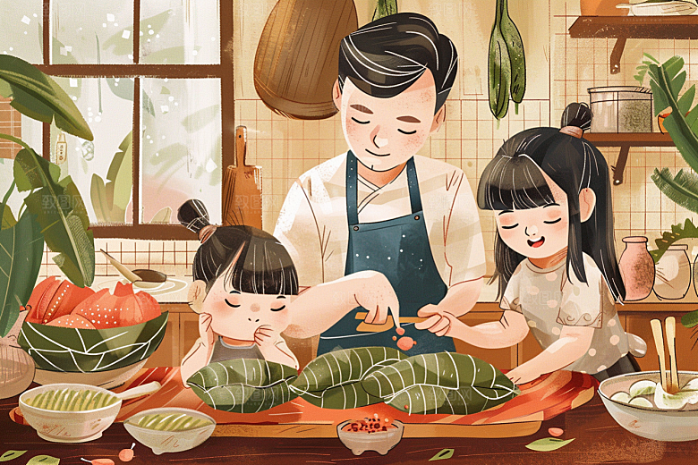 端午包粽子习俗糯米插画