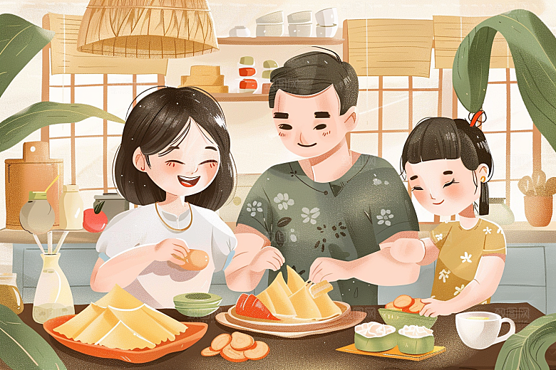 端午包粽子阖家团聚粽叶插画