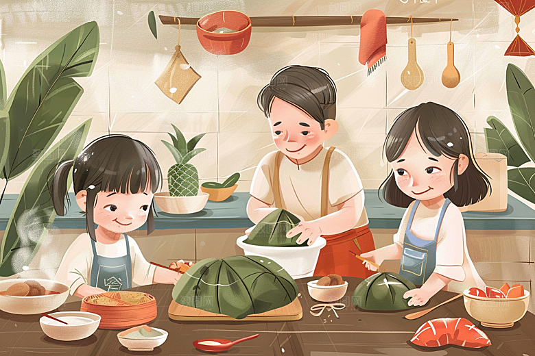 端午包粽子粽叶习俗插画