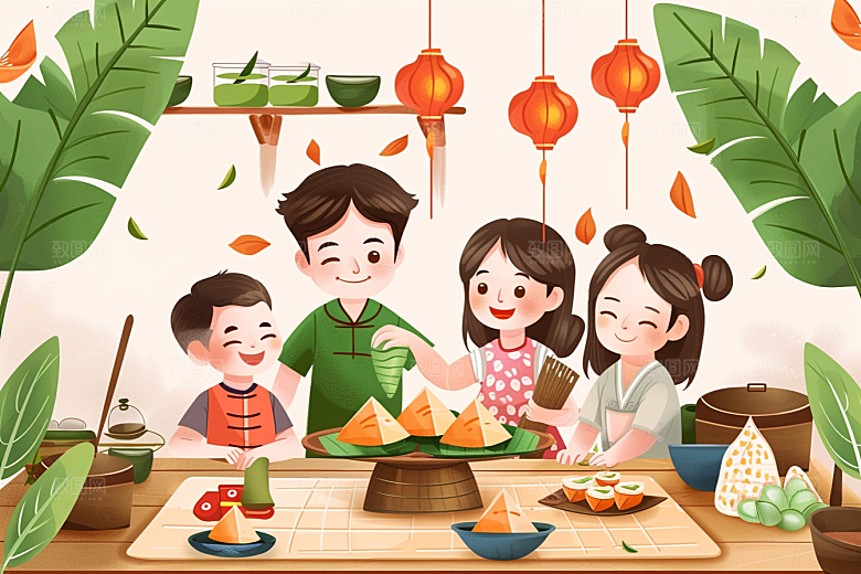 端午包粽子传统文化幸福插画
