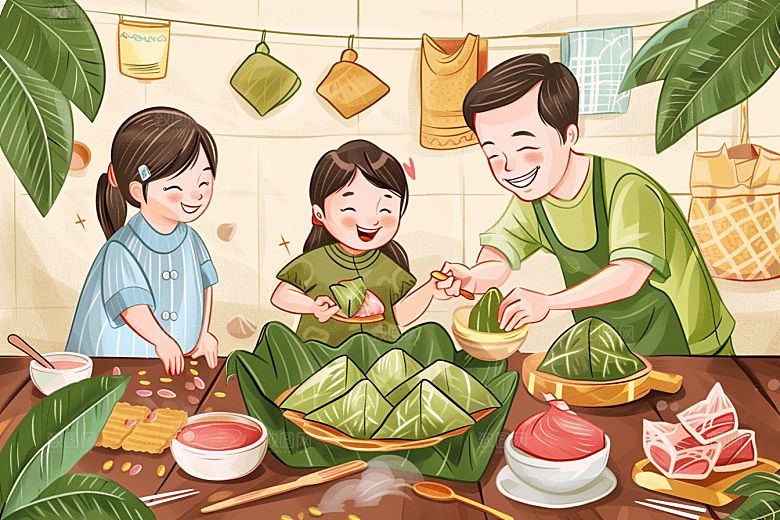 端午包粽子幸福美味插画