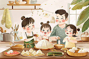 端午包粽子阖家团聚习俗插画